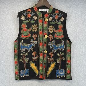 Vintage Passports Of Pier 1 Imports Vest Size M Black Embroidered Button Front
